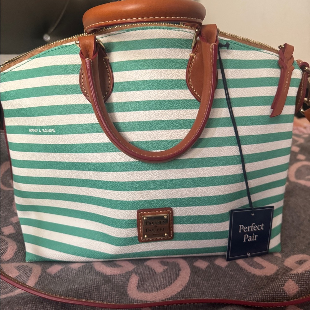 Dooney & Bourke Mint Green and White Striped Tote